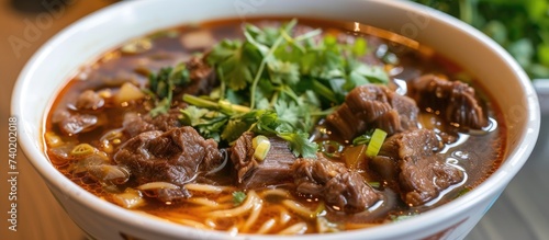 A delicious bowl of beef noodle soup with stewed small noodles, served on a table.