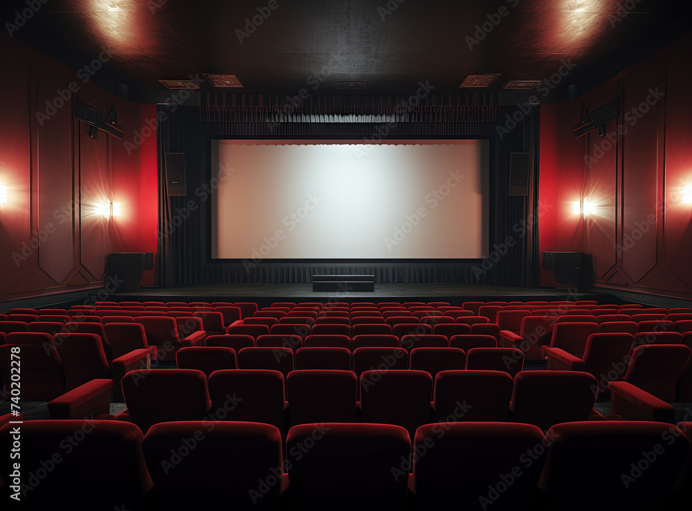 Cinema interior with seats and white screen. Movie theater room with chairs. Cinema interior with seats and white screen. Movie theater room with chairs.