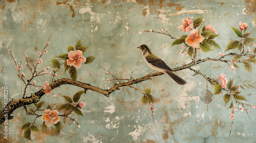 Flowering tree in the Japanese garden with birds. Fresco, Wallpaper for interior printing. Chinoiserie wallpaper