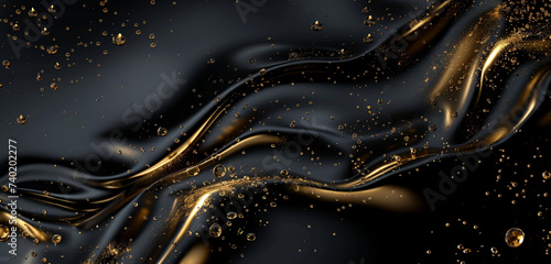An opulent display of oil and water, with metallic sheen and 24k gold trim, background color: jet black photo