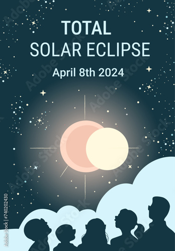 People in glasses watching solar eclipse on starry sky. Hand drawn vector banner or flyer design. 