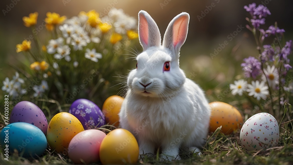 White easter rabbit with easter eggs, on grass and flower background White easter rabbit with easter eggs, on grass and flower background