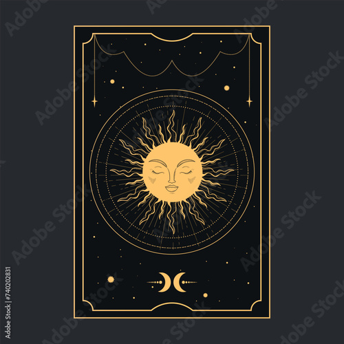 Golden Tarot card with a magical sun. Tarot symbolism. Mystery, astrology, esoteric. Vector illustration