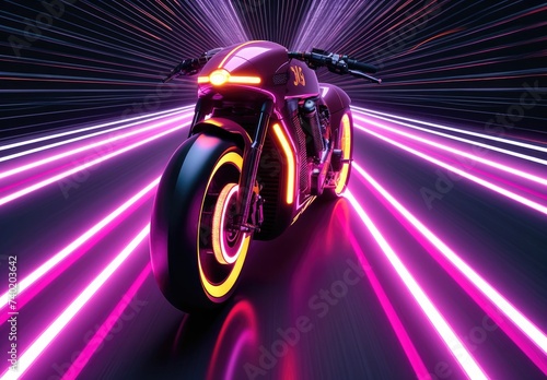 A racing motorcycle speeds along the speedway in a vibrant night city, illuminated by neon lights, capturing the thrill of the urban race © Murda