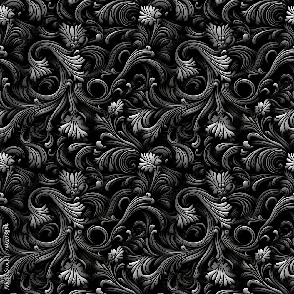 Black and white seamless pattern with classic foliage ornament. Seamless texture background. Black and white seamless pattern with classic foliage ornament. Seamless texture background.