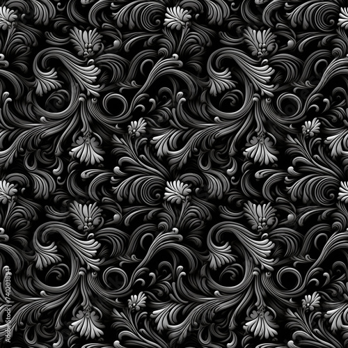 Black and white seamless pattern with classic foliage ornament. Seamless texture background.