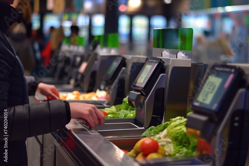 A person stands before a row of cash register machines, scanning their membership card before making a purchase. photo