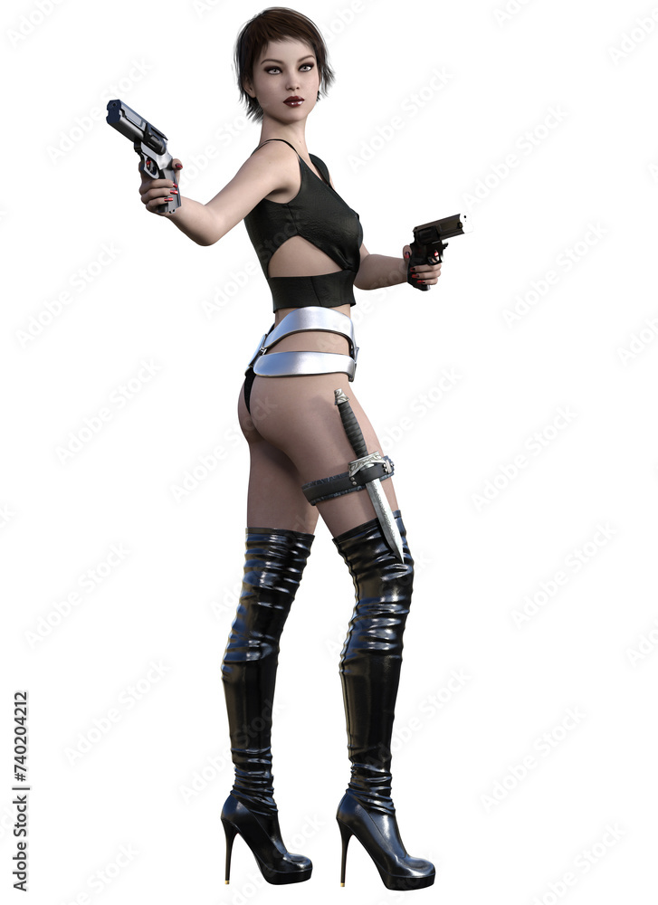 futuristic woman in a black dress, armed with guns, 3d rendering futuristic woman in a black dress, armed with guns, 3d rendering