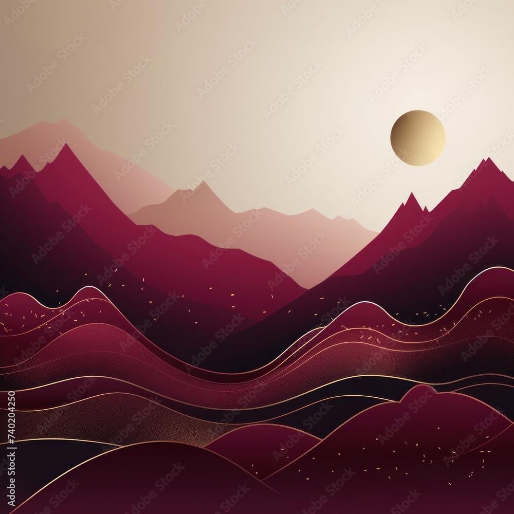 Mountain line art background, luxury Burgundy wallpaper design for cover, invitation background