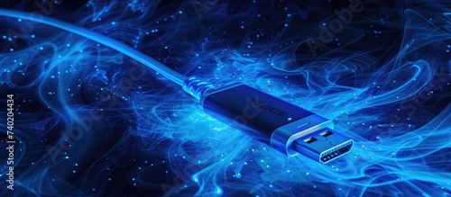 A close-up view of a blue lightning charger featuring a striking and innovative abstract pattern on a black background.