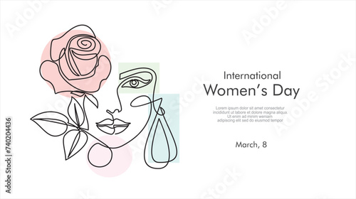 International Women's Day greeting card. Illustration with one line woman face, rose flower and leaves. Women empowerment. Vector illustration.