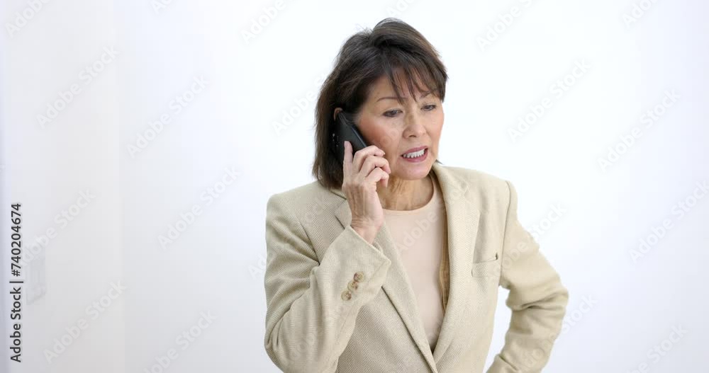 Professional executive woman talking business using internet smartphone technology standing in bright white office room. Professional executive woman talking business using internet smartphone technology standing in bright white office room.