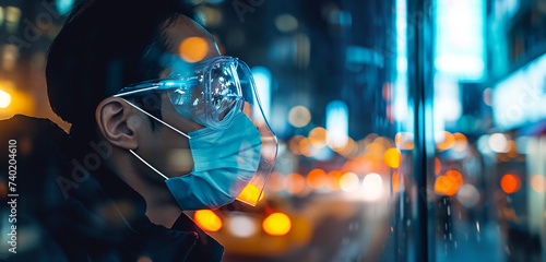 A smart respiratory mask being developed in a lab, with a view of a vibrant, urban street at night