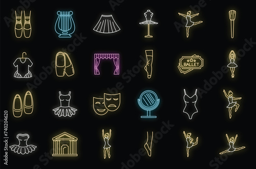 Theater ballet icons set. Outline set of theater ballet vector icons neon color on black