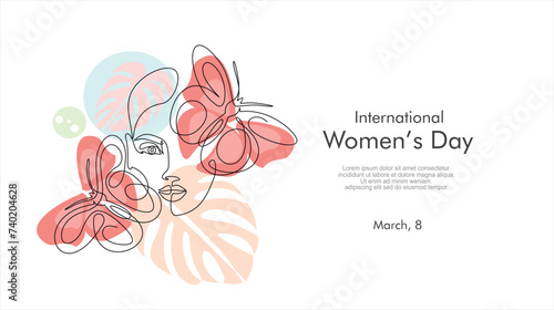 International women's day greeting card. Woman face with butterfly in one continuous line drawing. Abstract female portrait in simple linear style. Doodle Vector illustration for 8 march photo