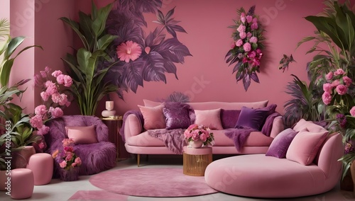 "Transform your living space into a tropical paradise with a burst of pink and purple hues. Add in intricate floral patterns and textures to bring the jungle vibes indoors."