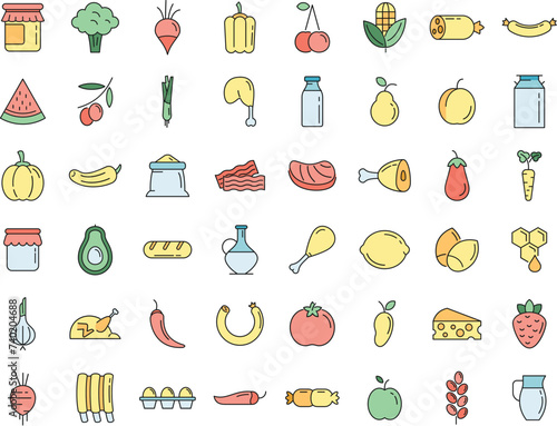 Farm products icons set. Outline set of farm products vector icons thin line color flat on white