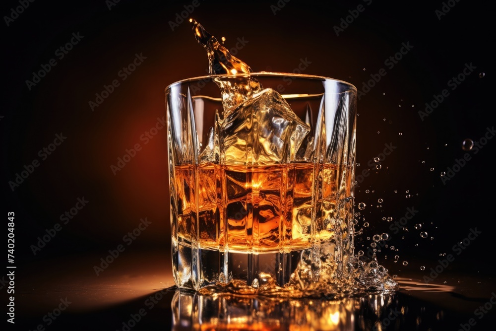 Whiskey, bourbon or cognac on a black background. Strong strong alcoholic drink. glass on the table in a bar, pub