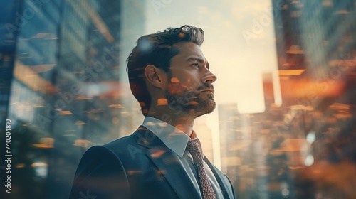 confident man in a business suit on the background of office buildings. businessman in a white shirt