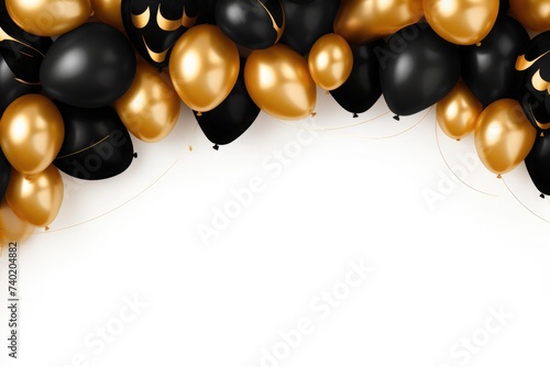 gold and black helium party balloons on a white background. Space for text. invitation to sale on black friday day