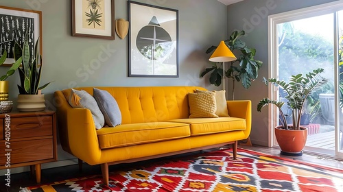 A mid century modern guest room with a retro sofa in mustard yellow, adding a playful pop of color to the decor photo