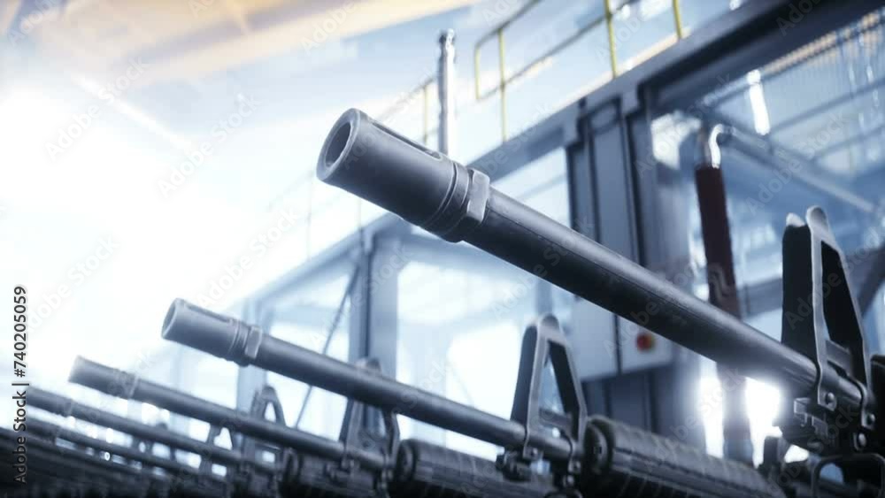 American military machine gun M 16 production line. Factory process. War concept. Realistic 4k animation. American military machine gun M 16 production line. Factory process. War concept. Realistic 4k animation.