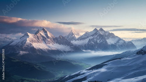 A snowy mountain tops with clouds in the sky