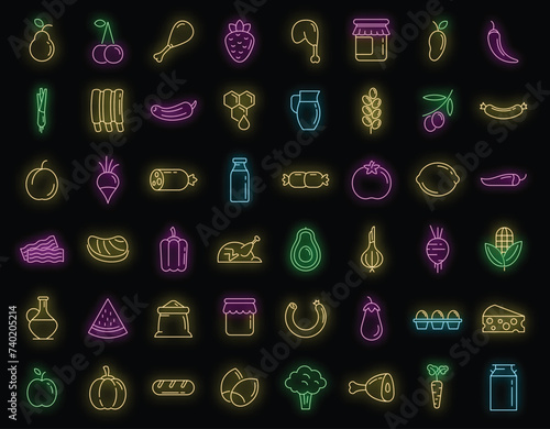 Farm products icons set. Outline set of farm products vector icons neon color on black