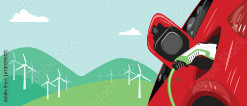 Vector Flat illustration of Electric Car Charging at the Charging Station. Green energy and Sustainable Energy Concept background. Electromobility e-motion concept.
