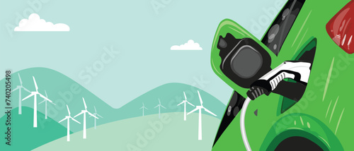 Vector Flat illustration of Electric Car Charging at the Charging Station. Green energy and Sustainable Energy Concept background. Electromobility e-motion concept.