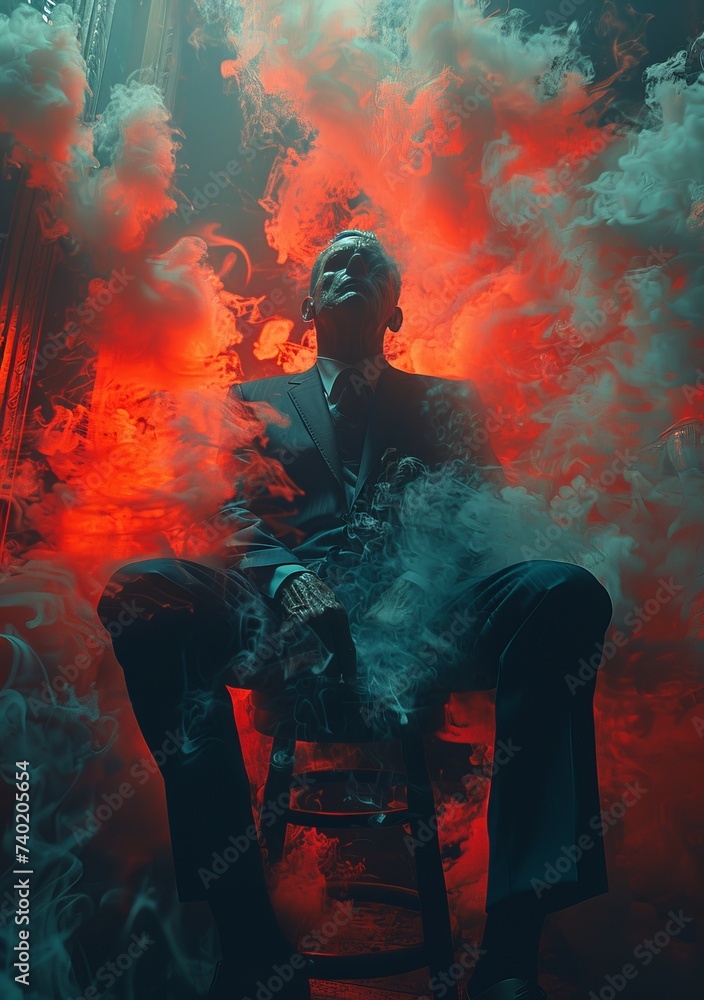Obraz premium Amidst the fiery strokes of his brush, the artist's contemplative gaze is captured in a moment of passion and creation