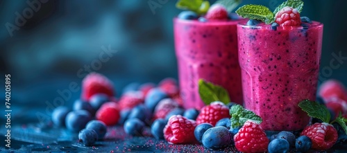 Indulge in a burst of sweetness with this vibrant berry smoothie, featuring plump strawberries and juicy raspberries for a refreshing and nourishing treat photo