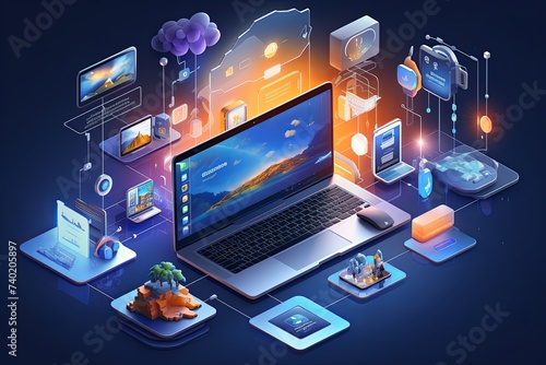 Cloud services and business people touch laptop user interface with technology concept isometric illustration background photo