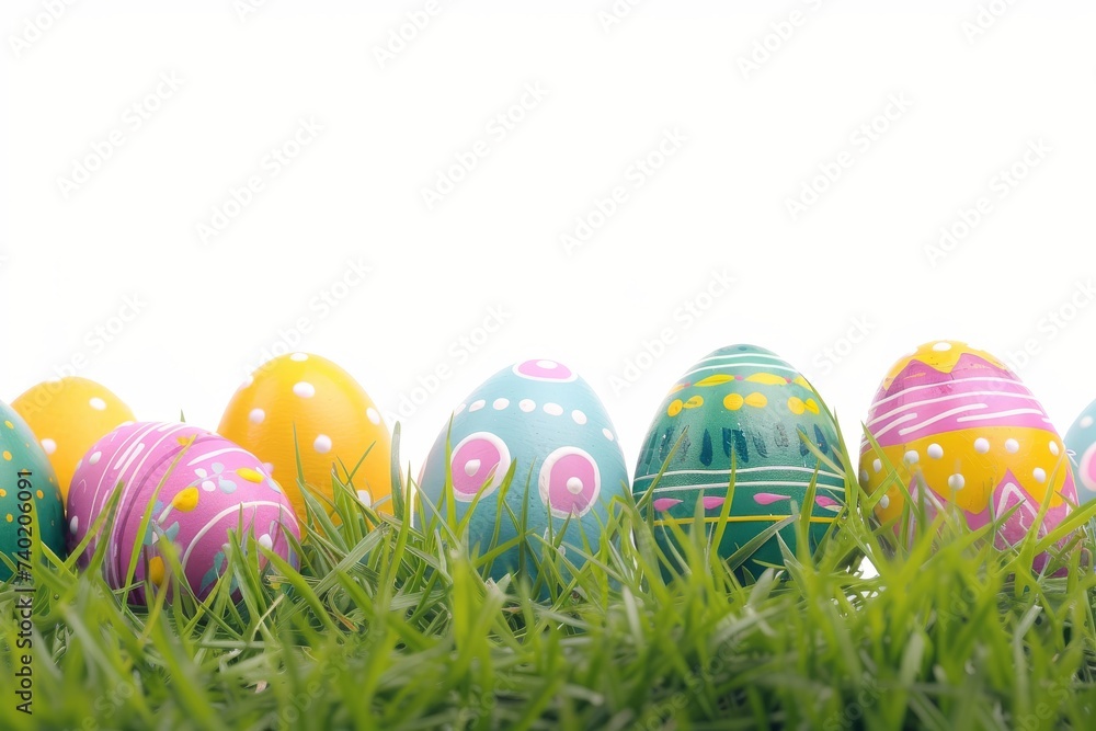 Fototapeta premium Happy Easter Eggs font space. Bunny hopping in flower squirts decoration. Adorable hare 3d small easter basket rabbit illustration. Holy week easter monday festivals card easter sunday
