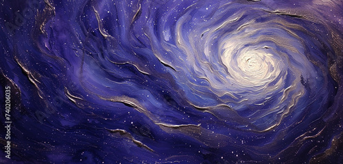 Swirling galaxies in metallic dark blue, silver, and white against a deep purple background, suggesting infinite space