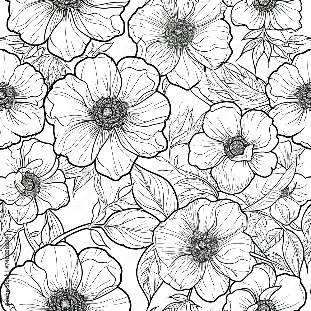 Coloring book flowers doodle style black outline.