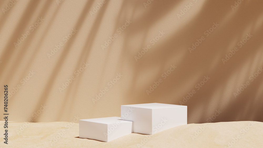 Minimal background product display white podiums, beige stucco wall leaves foliage shadow, sunlight, sand floor, health presentation exhibition, 3d render, blank backdrop, copy space Minimal background product display white podiums, beige stucco wall leaves foliage shadow, sunlight, sand floor, health presentation exhibition, 3d render, blank backdrop, copy space