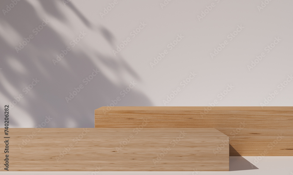Minimal background product display podium, wooden stand, white backdrop with leaves shadow, sunlight, cosmetic beauty health product presentation mockup, beauty advertisement, 3d render Minimal background product display podium, wooden stand, white backdrop with leaves shadow, sunlight, cosmetic beauty health product presentation mockup, beauty advertisement, 3d render