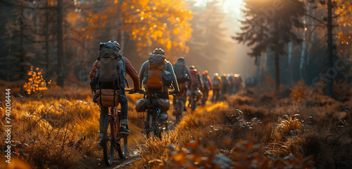 Silhouettes of people riding bikes through the forest. Outdoor activity. Pro health activity.