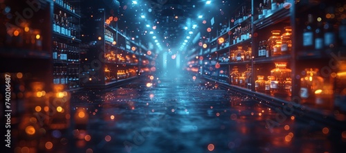 A dimly lit building on a rainy city street holds shelves filled with bottles of liquor, evoking a sense of mystery and temptation in the outdoor night photo