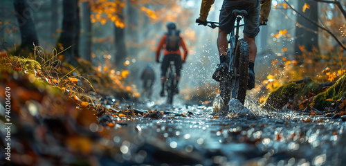 Silhouettes of people riding bikes through the forest. Outdoor activity. Pro health activity. © michalsen
