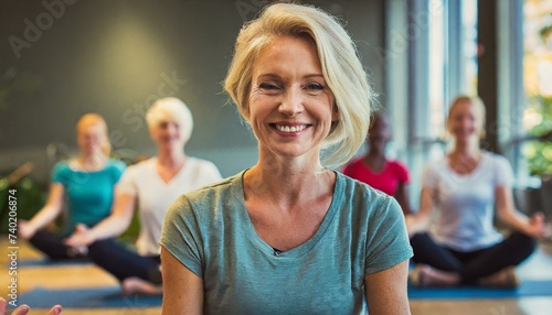 Smiling Mature woman meditating sitting in a yoga studio 