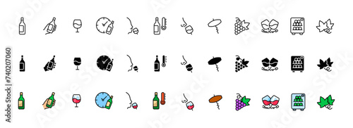 Wine icon collection. Alcohol icons. Linear, silhouette and flat style. Vector icons