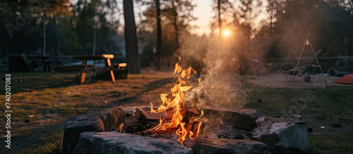 An enchanting campsite experience comes to life as a steaming bonfire ignites a serene ambiance in the middle of a field at sunset.