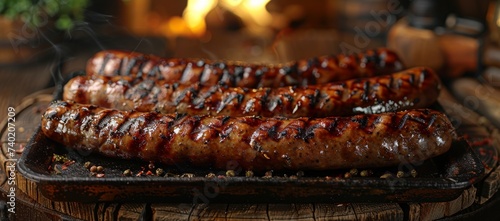 A sizzling scene of mouthwatering meats grilling to perfection on a barbecue grill, showcasing a diverse array of sausages from around the world including bratwurst, thuringian sausage, and chistorra photo