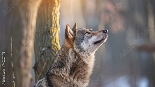 Grey Wolf  Canis lupus  Between Trees Looks Up