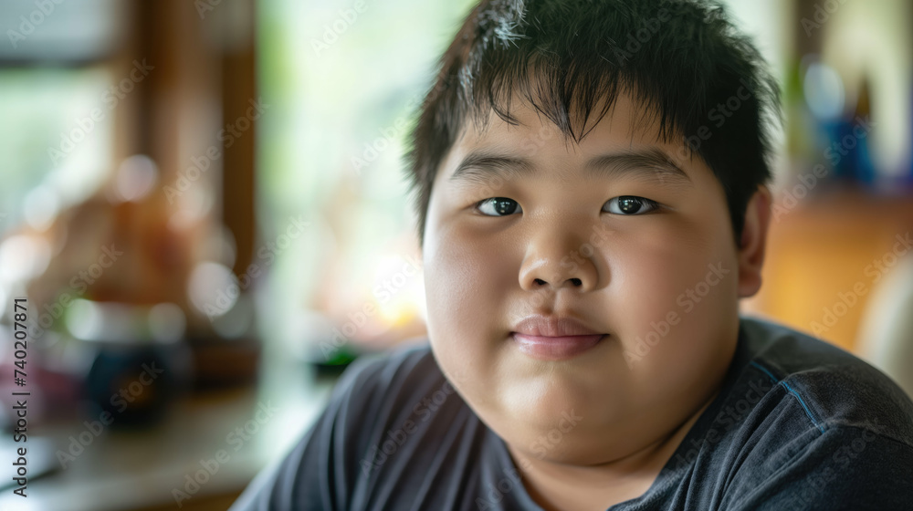 Asian boy with overweight. Childhood obesity. Generative AI. Asian boy with overweight. Childhood obesity. Generative AI.