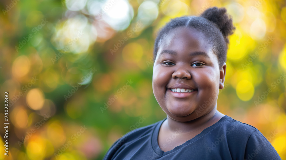 Black girl with overweight. Childhood obesity. Generative AI. Black girl with overweight. Childhood obesity. Generative AI.