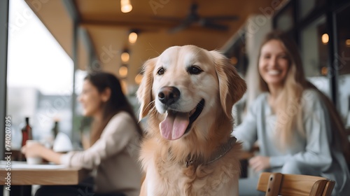 Pet friendly places concept. Smiling golden retriever sitting at the table in a cafe. Emotional support concept.