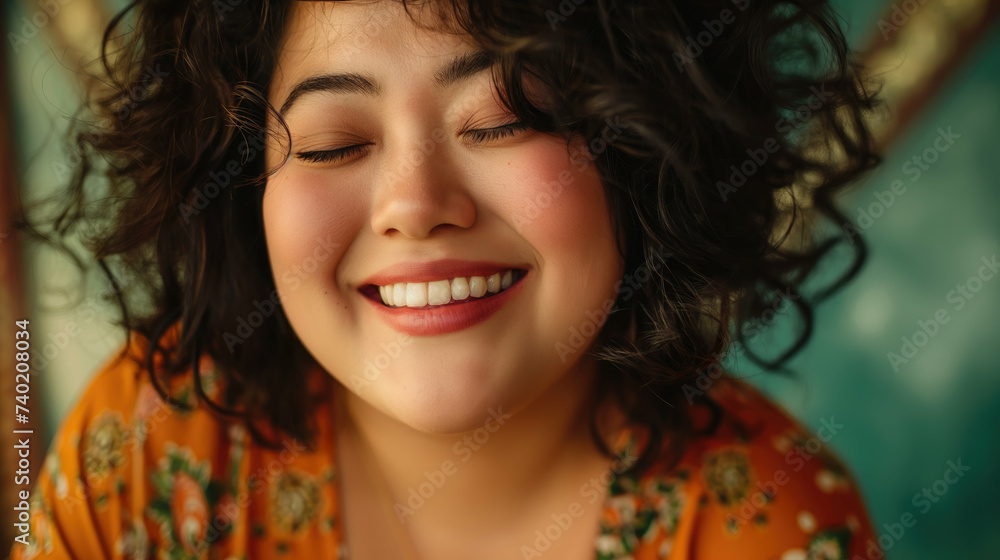 Happy Latin woman with overweight. Generative AI. Happy Latin woman with overweight. Generative AI.
